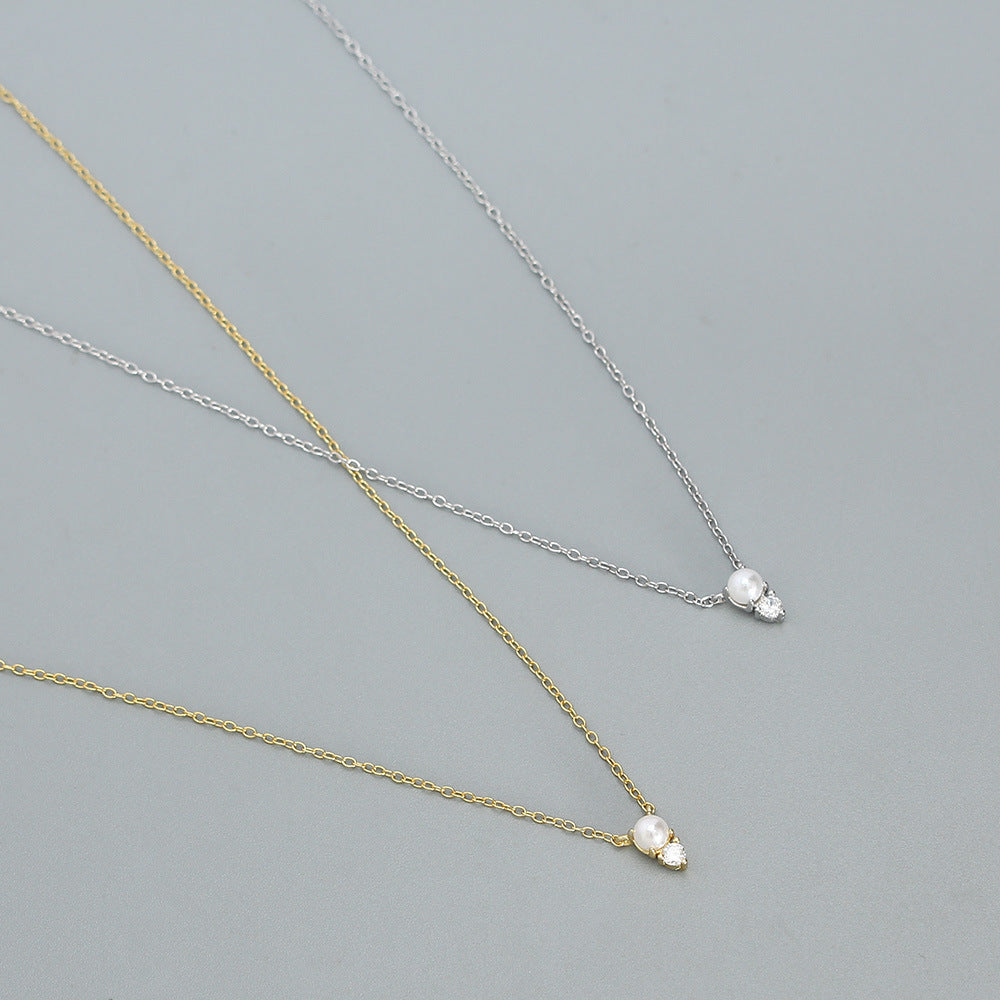 Mini Pearl And Clear Cubic Zirconia Pendant Necklace 925 Sterling Silver Delicate Clavicle Chain Adjustable Necklace For Women Minimalist Elegant Fashion Daily Wear Anniversary Gift Jewelry