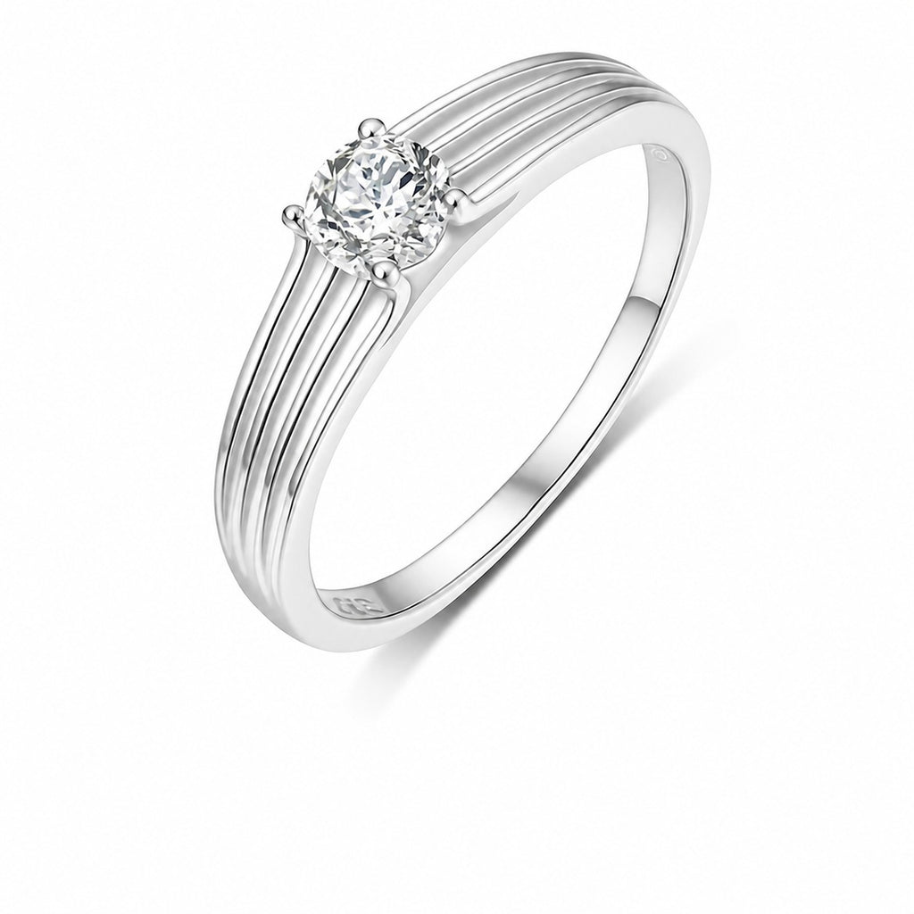 Round Solitaire Moissanite 925 Sterling Silver Three Line Ribbed Band 0.5 Carat Ring