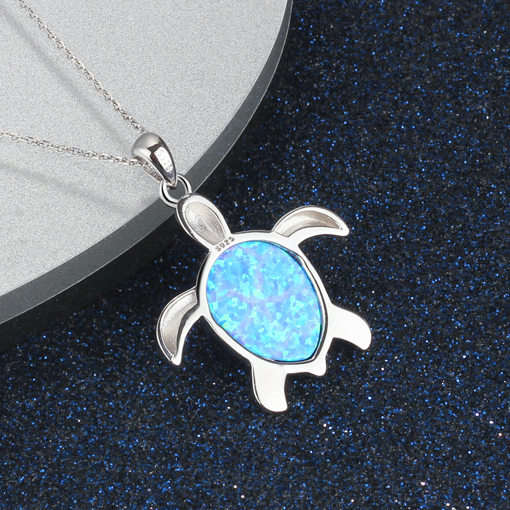 Blue-Green Opal Sea Turtle Pendant Necklace  925 Sterling Silver Animal Necklace