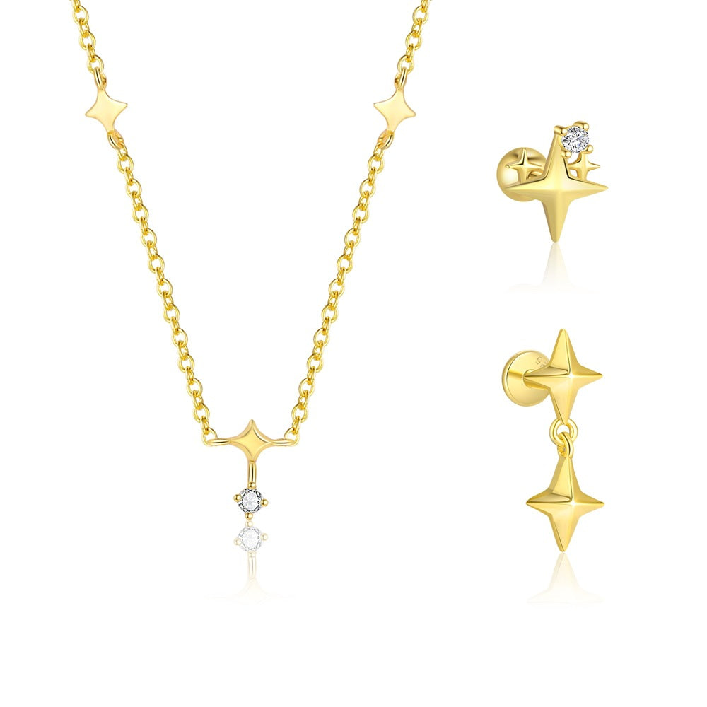 Women Casual Four Pointed Star 925 Sterling Silver Necklace Earring (Single)