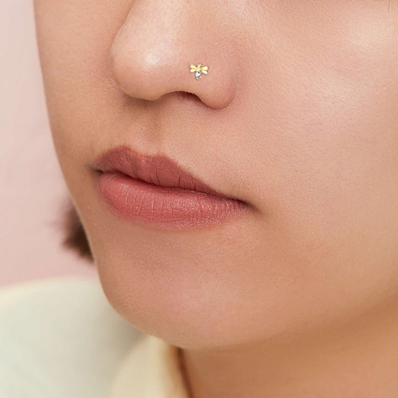 Cute Mini CZ Honey Bee 925 Sterling L Shape Nose Stud