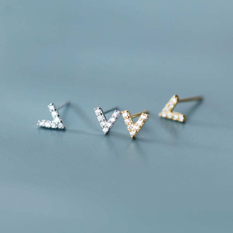925 Sterling Silver Simple Geometric Mini Letter V Cubic Zirconia Stud Earrings