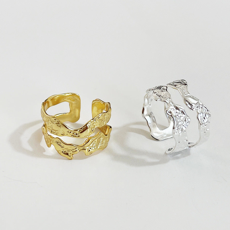 Irregular Double Layer Texture Adjustable Sterling Silver Ring