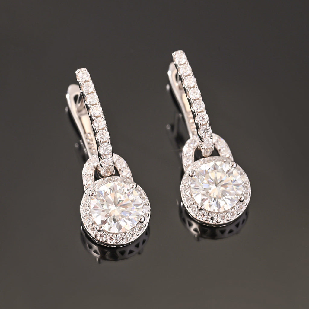 Moissanite Geometric Round Halo Drop Earrings  925 Sterling Silver Earring