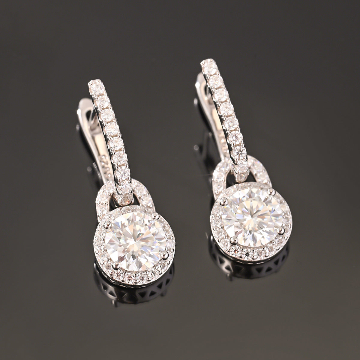 Moissanite Geometric Round Halo Drop Earrings  925 Sterling Silver Earring