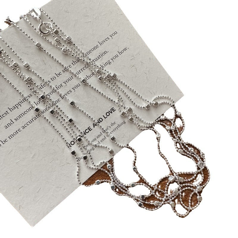 Minimalism Small Square Geometry 925 Sterling Silver Mini Beads Necklace