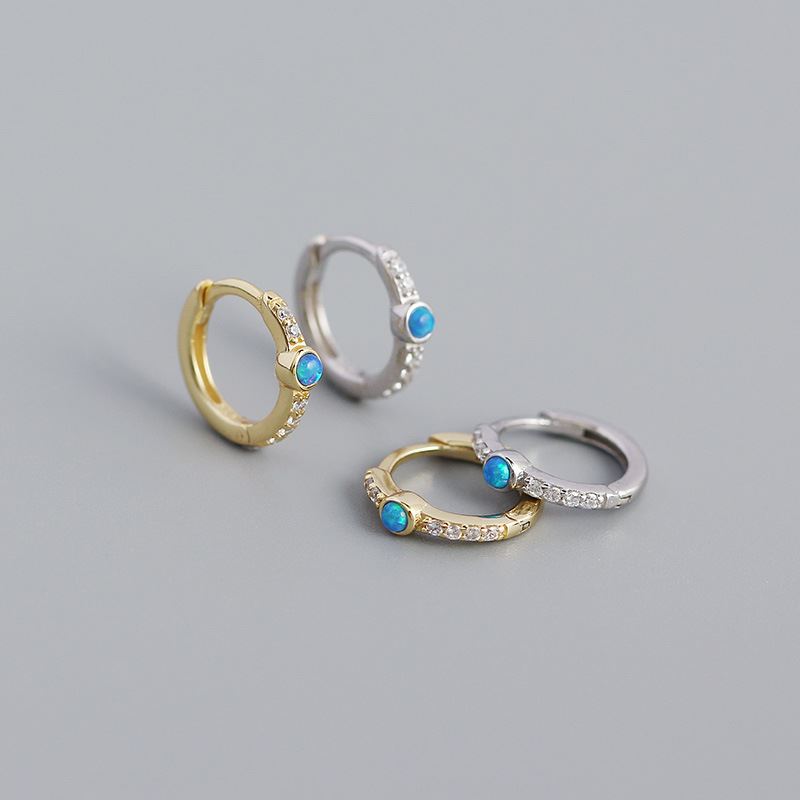 New Blue Created Opal CZ 925 Sterling Silver Huggie Hoop Earrings