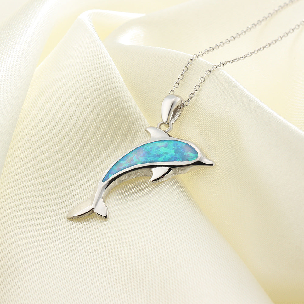 Blue Opal Dolphin Pendant on a 925 Sterling Silver Necklace