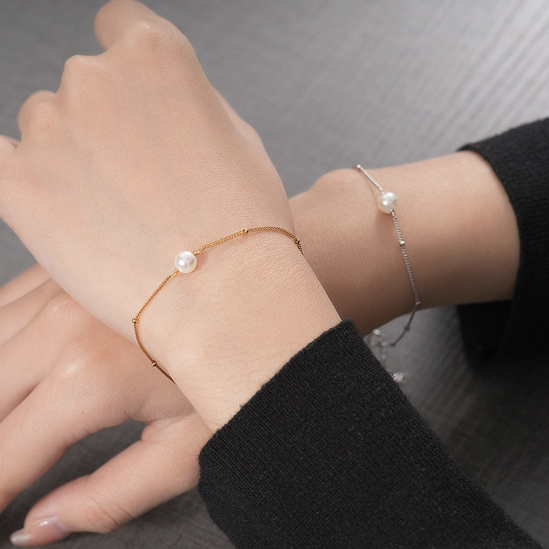 Fashion Elegant Women Casual Geometric Design Shell Pearl 925 Sterling Silver Adjustable Bracelet