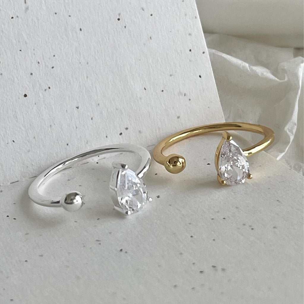 Women Elegant Waterdrop CZ Ball 925 Sterling Silver Adjustable Ring