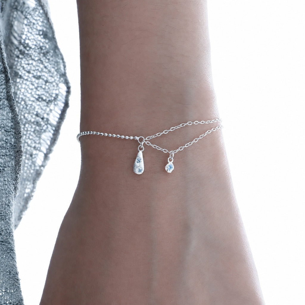Cubic Zirconia Teardrop Pendant: 925 Sterling Silver Minimalist Layered Teardrop Pendant with Double Chain Bracelet