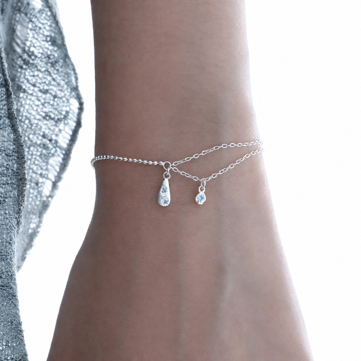 Cubic Zirconia Teardrop Pendant: 925 Sterling Silver Minimalist Layered Teardrop Pendant with Double Chain Bracelet