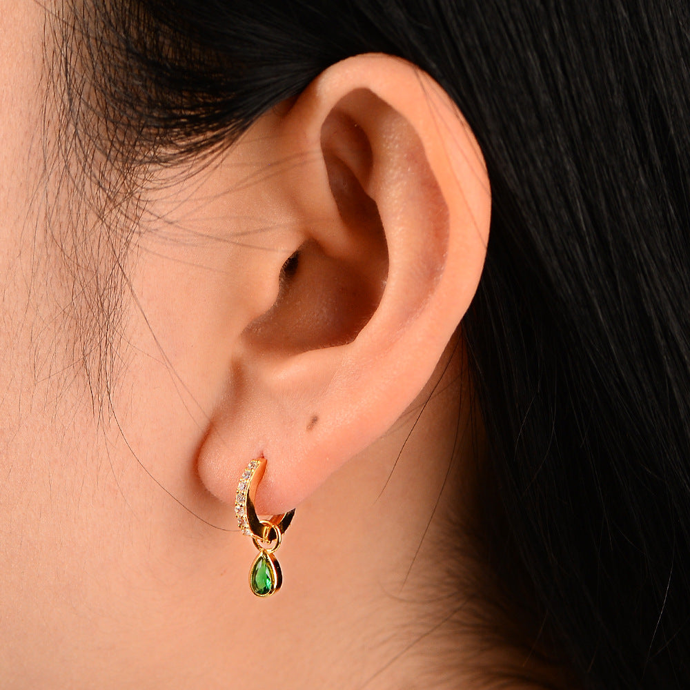 Elegant Fashionable Water Drop Shape Emerald Cubic Zirconia 925 Sterling Silver Dangle Hoop Earrings