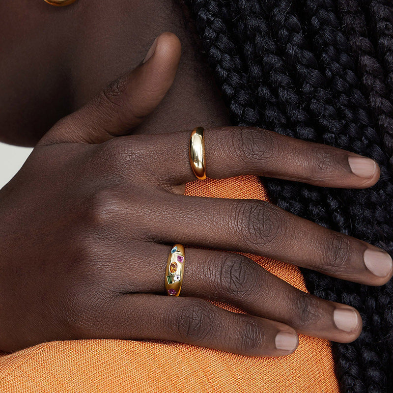 Modern Elegant Statement Jewelry Multicolor Geometric Cubic Zirconia 925 Sterling Silver Ring Yellow Gold  Band Ring