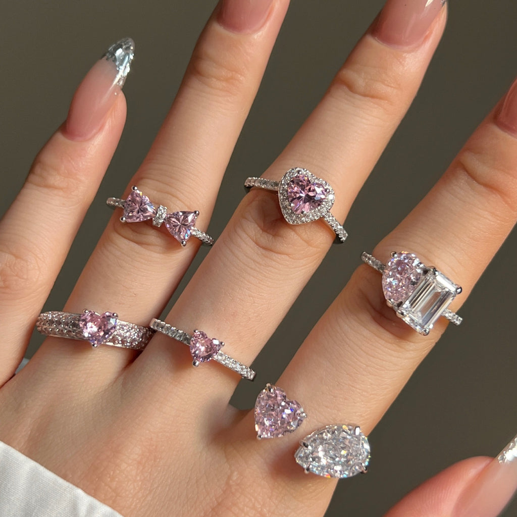 Wedding Pink 8A Cubic Zirconia Heart Bow-Knot 925 Sterling Silver Adjustable Ring