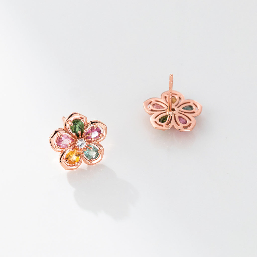 Natural Stone Five Petal Plum Blossom Flower Rose Gold Tone S925 Sterling Silver Stud Earrings
