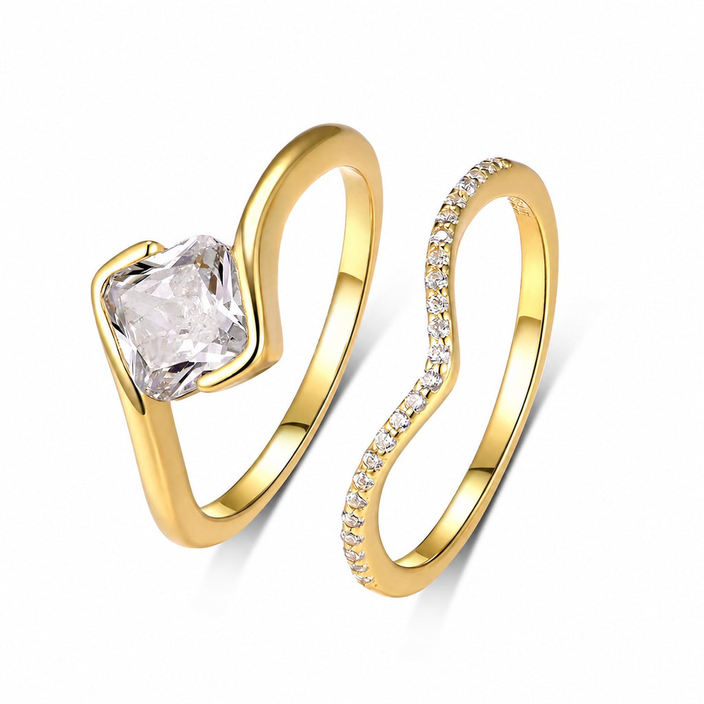 Moissanite Two Piece Ring Set Cushion Cut Solitaire And V Shaped Pave Band White Gold Color 925 Sterling Silver Elegant Fashion Ring for Women Wedding Party Gift