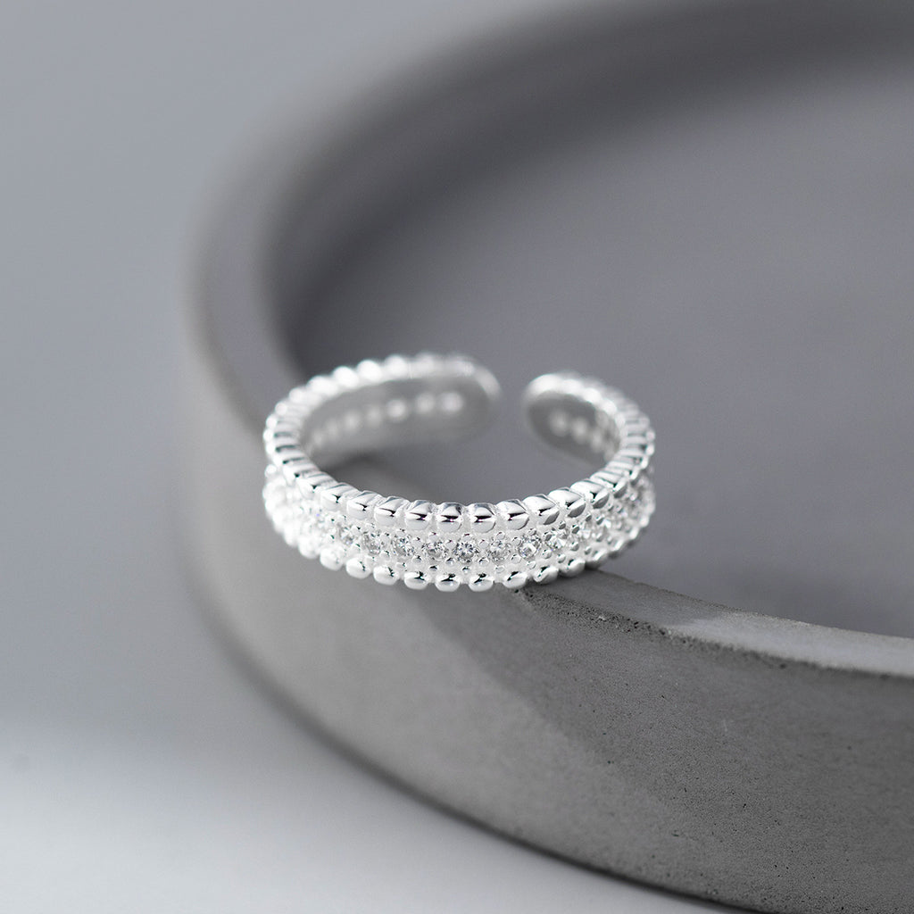 Cubic Zirconia Multi Row Pave Beaded Edge S925 Sterling Silver Adjustable Open Band Ring