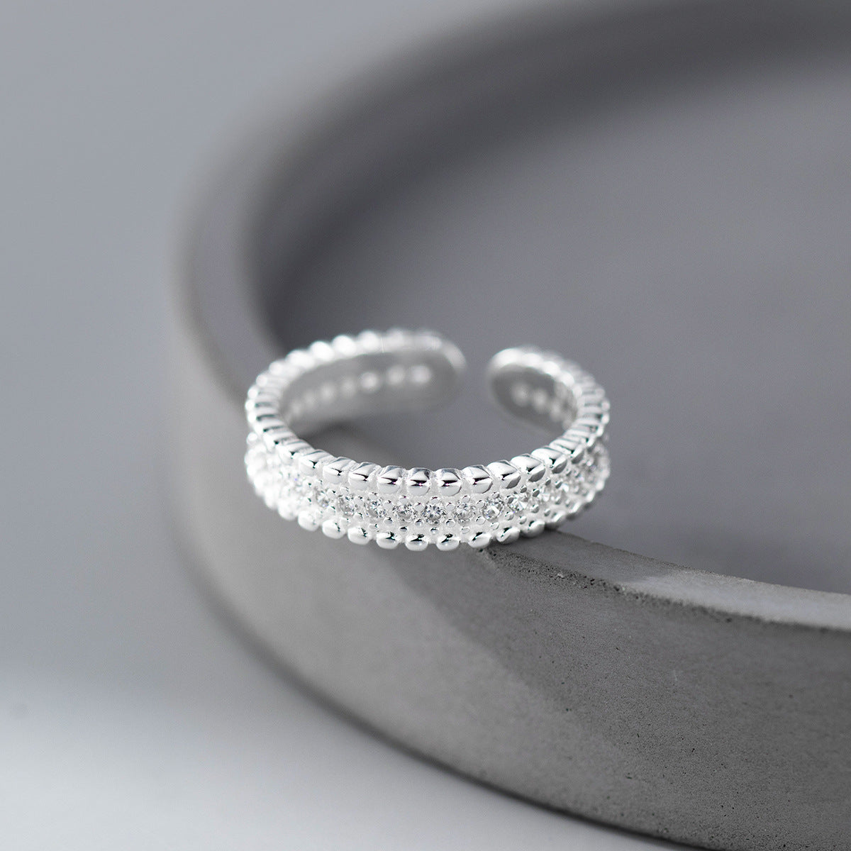 Cubic Zirconia Multi Row Pave Beaded Edge S925 Sterling Silver Adjustable Open Band Ring