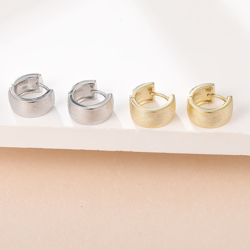 Geometric Round Minimalist Wide Band 925 Sterling Silver Huggie Hoop Earrings