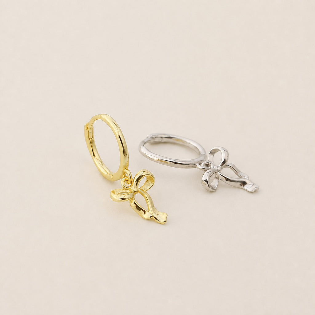 Bow Knot Ribbon 925 Sterling Silver Sweet Fresh Delicate Hoop Drop Dangle Earrings