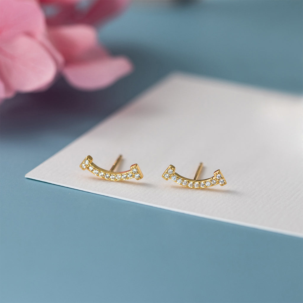 Cubic Zirconia Smile Face Curve S925 Sterling Silver Stud Earrings