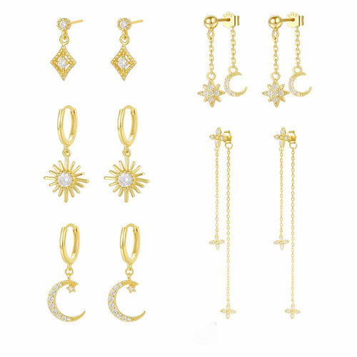 Beautiful Gold CZ Crescent Moon Sunshine Star 925 Sterling Silver Dangling Earrings