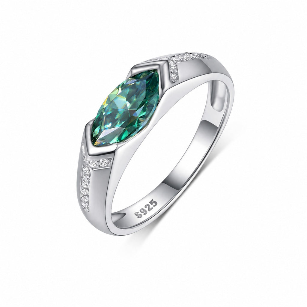 Green Marquise Cut Moissanite Geometric Oval Shaped 925 Sterling Silver Ring