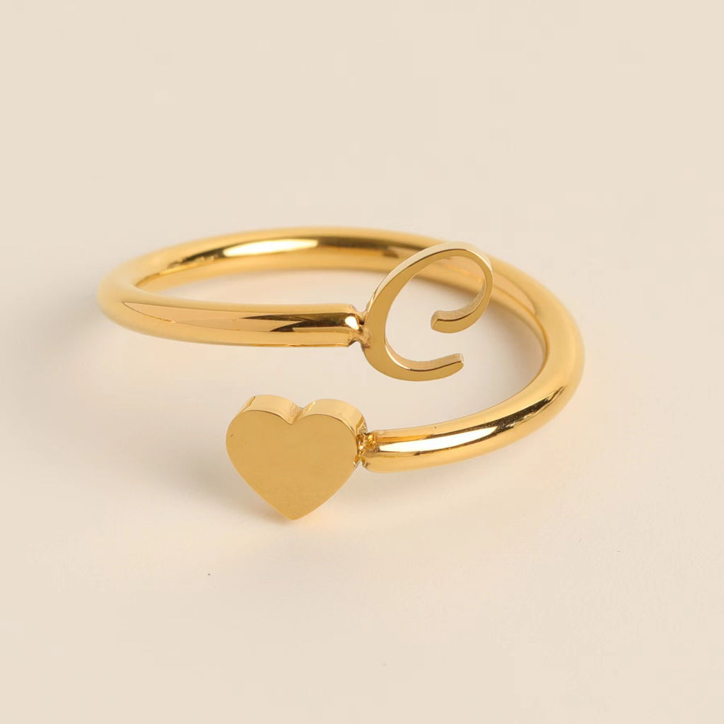 initial simple letter ring, three-dimensional heart-shaped tail ring, adjustable openin
