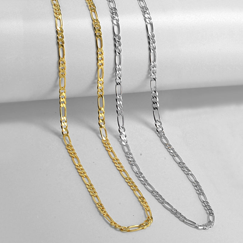 Classic 3 Plus 1 Figaro Chain Pure Metal 925 Sterling Silver Necklace White Gold And Yellow Gold Tone Side Link Chain Necklace For Women Men Daily Wear Simple Geometric Fashion Jewelry Gift