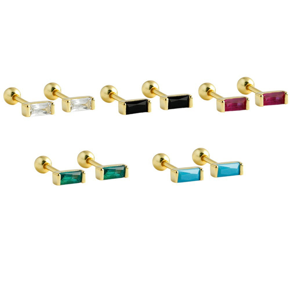 Rectangular Geometric Cubic Zirconia Mini Minimalist 925 Sterling Silver Stud Earrings