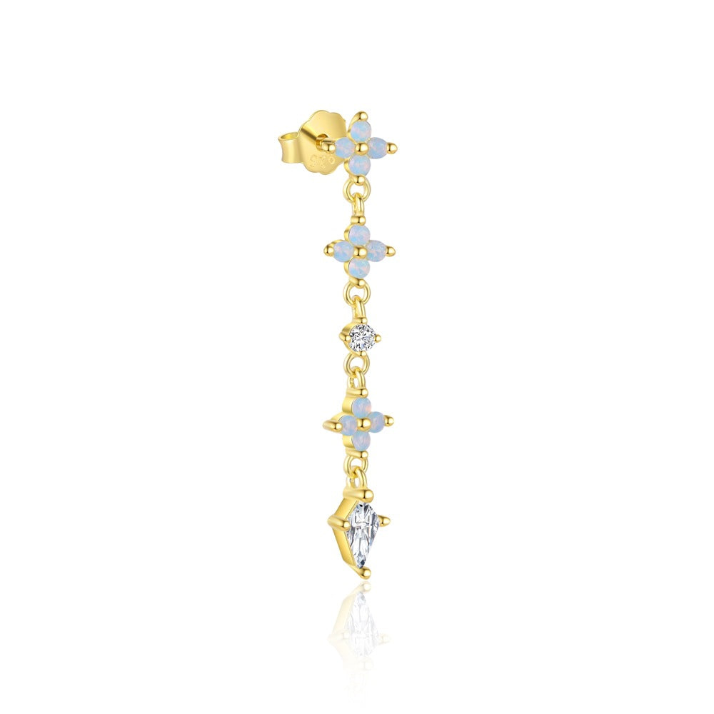 Beautiful CZ Flower Crescent Moon 925 Sterling Silver Dangling Earring Adjustable Ring