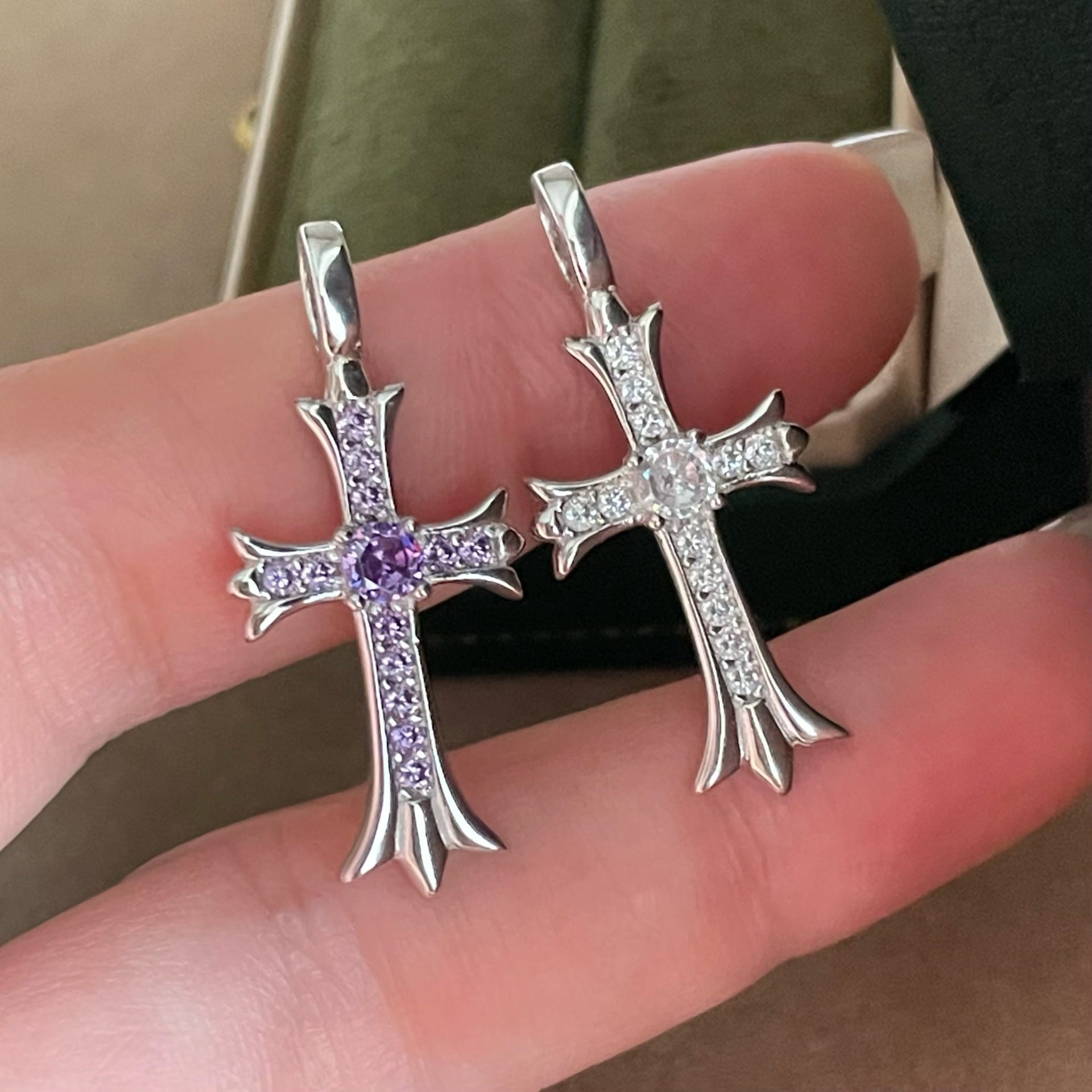 925 Sterling Silver Geometric Vintage Religious Cross Pendant Necklace with Purple or White Round Gemstone Accents