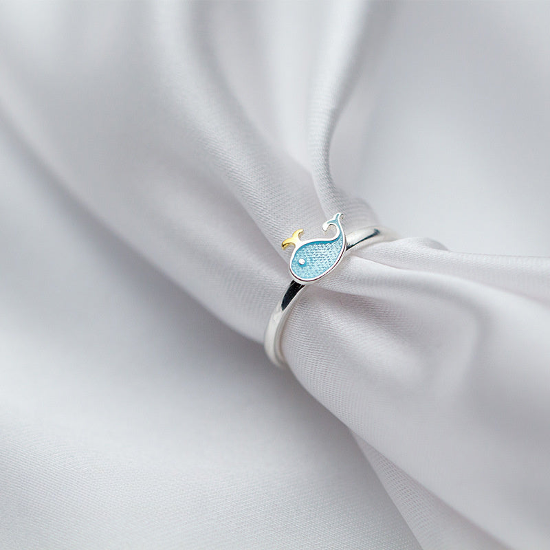 Cute Blue Enamel Whale Mini Delicate Ring In S925 Sterling Silver Adjustable Open Ring