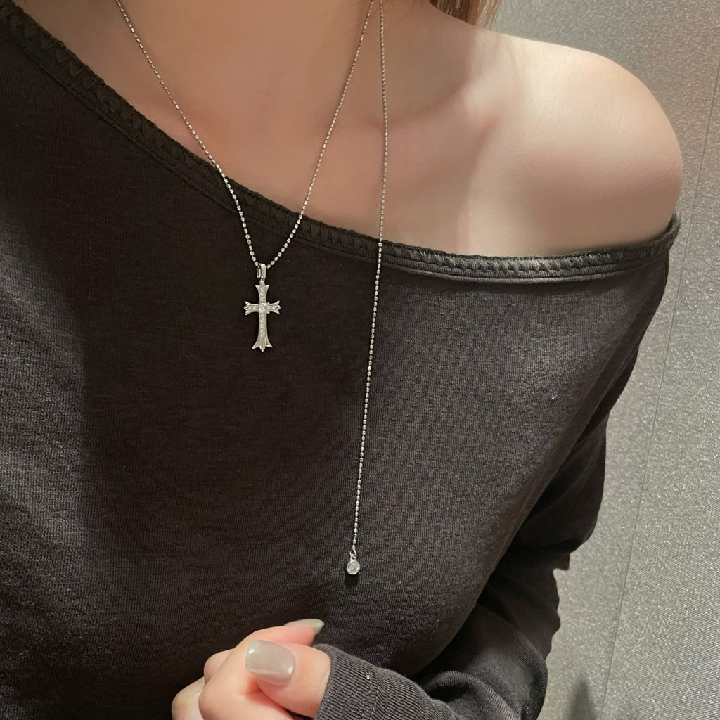 925 Sterling Silver Geometric Vintage Religious Cross Pendant Necklace with Purple or White Round Gemstone Accents