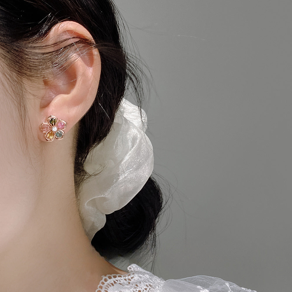 Natural Stone Five Petal Plum Blossom Flower Rose Gold Tone S925 Sterling Silver Stud Earrings