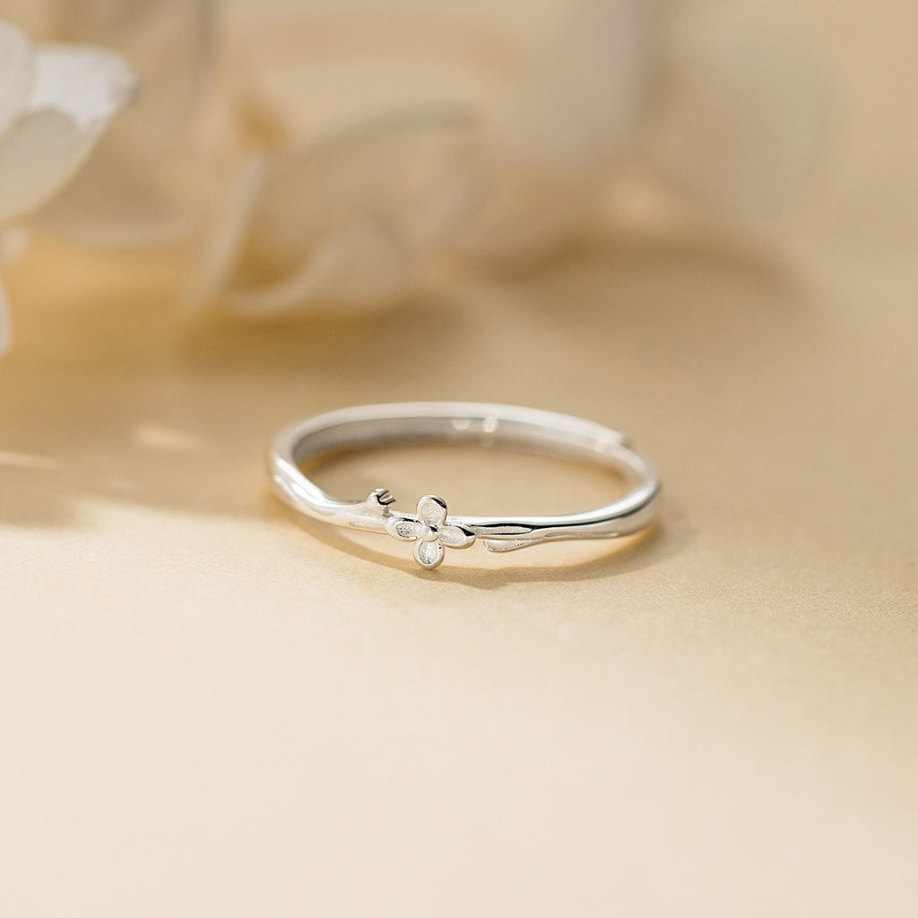 Minimalist Delicate Lilac Flower Branch Pure Metal S925 Sterling Silver Adjustable Open Ring