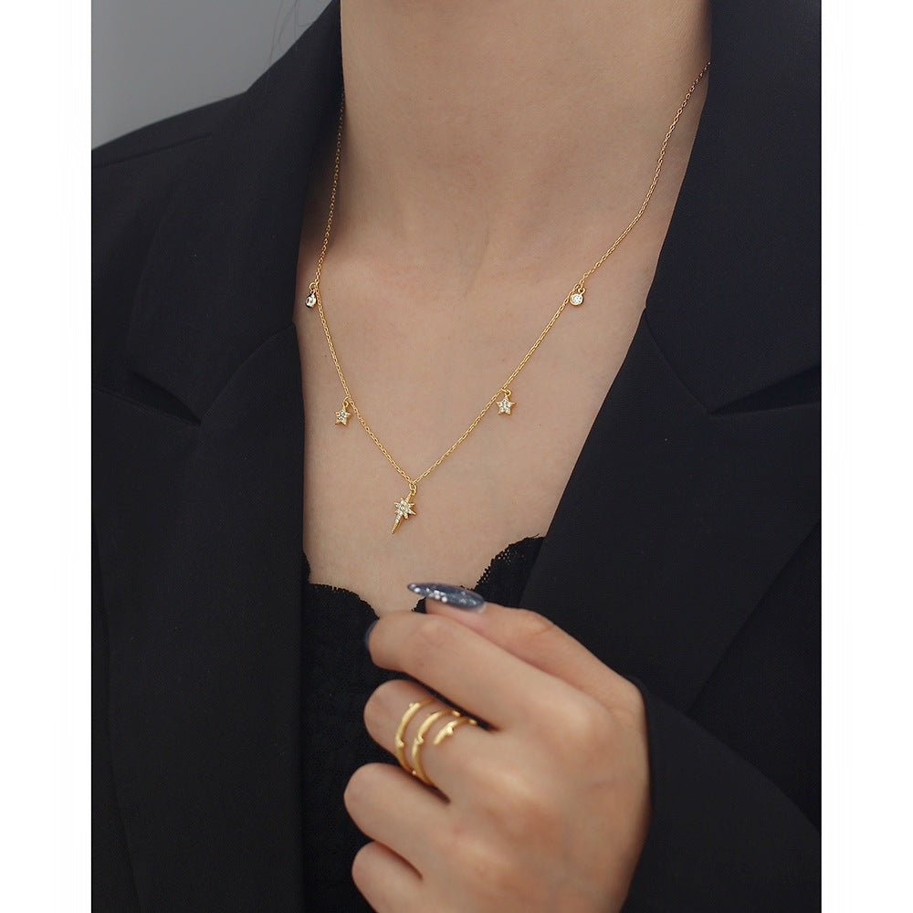 Celestial North Star And Five Point Star Cubic Zirconia 925 Sterling Silver Station Chain Necklace