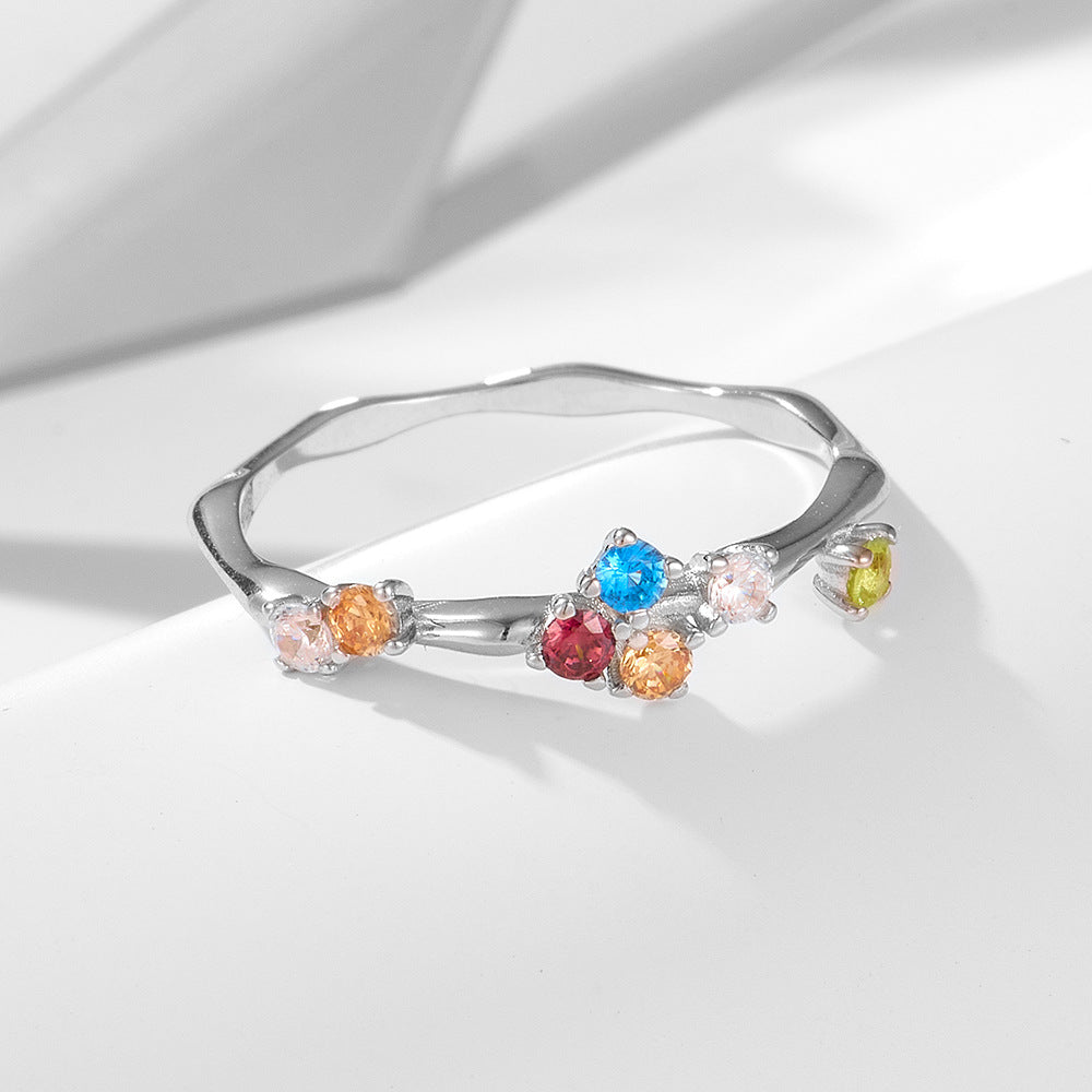 Fashion Colordul Rainbow CZ 925 Sterling Silver Irregular Adjustable Ring