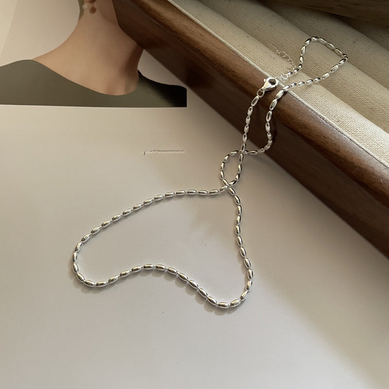 Polished Modern Olive Silver 925 Sterling Silver Minimalist Adjustable Collarbone Bead Chain Necklace