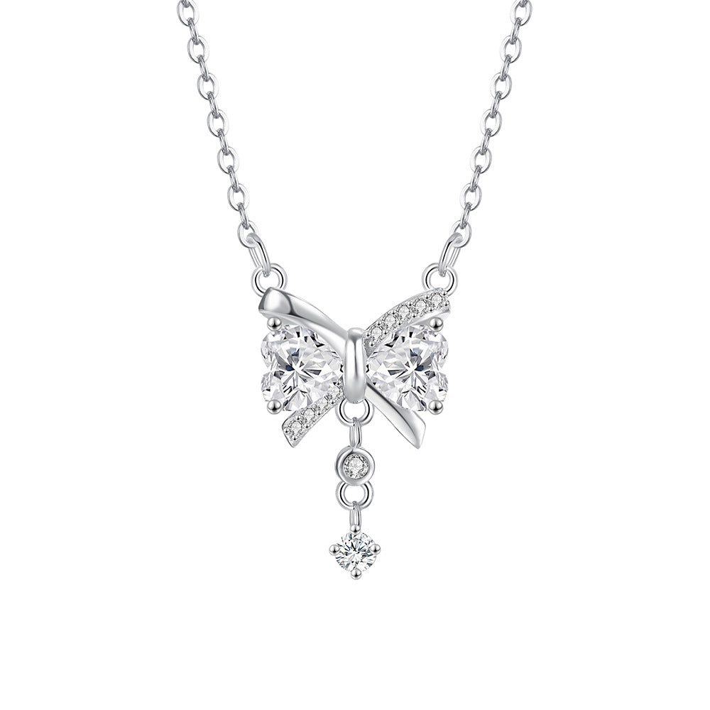 Girl Sweet Shining CZ Bow-Knot 925 Sterling Silver Necklace