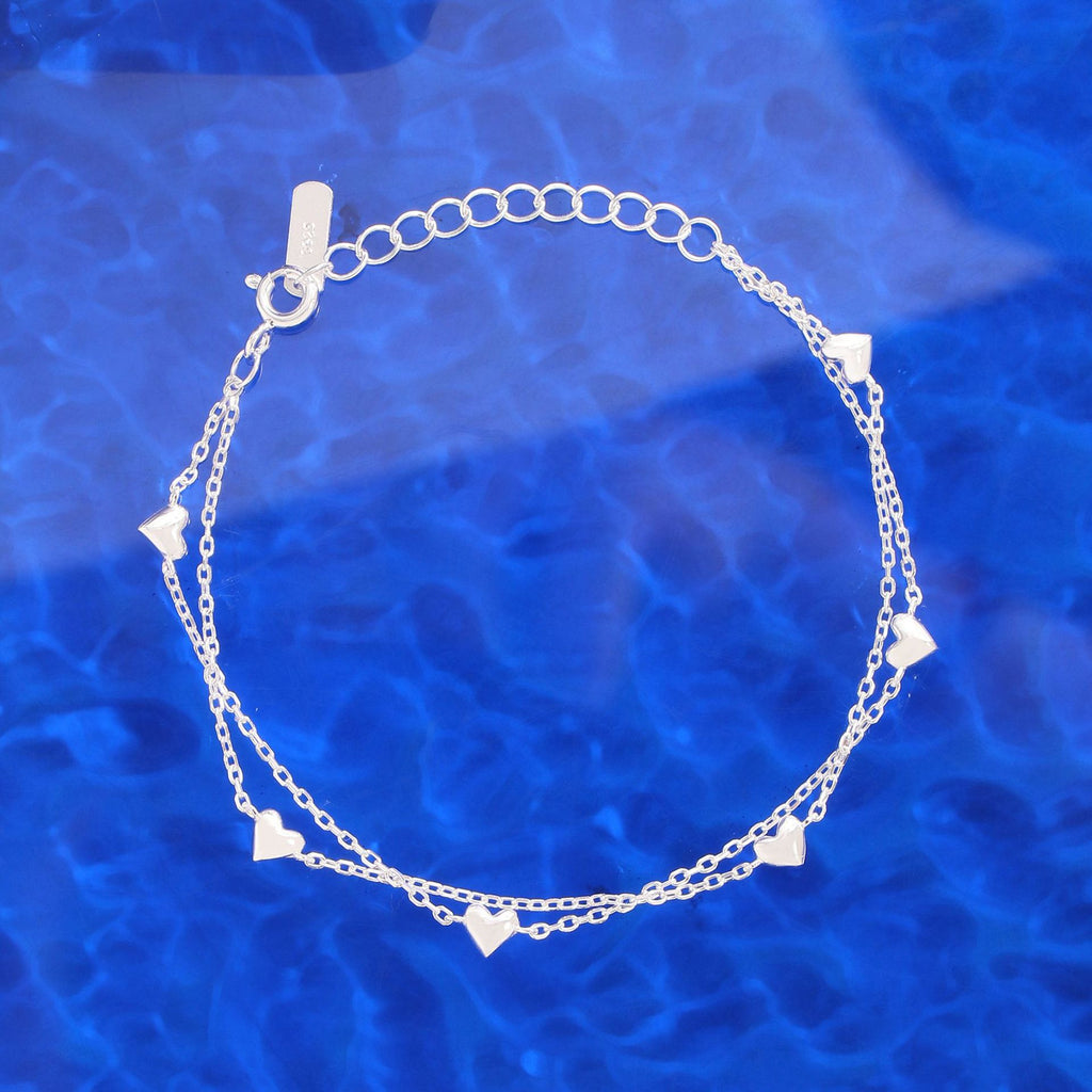 Girl Double Layers Curb Chain Hearts 925 Sterling Silver Bracelet