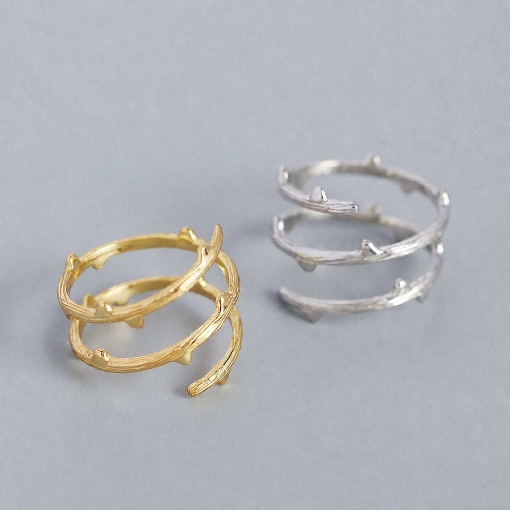 Thorn Branch Textured Wrap S925 Sterling Silver Open Band Adjustable Ring