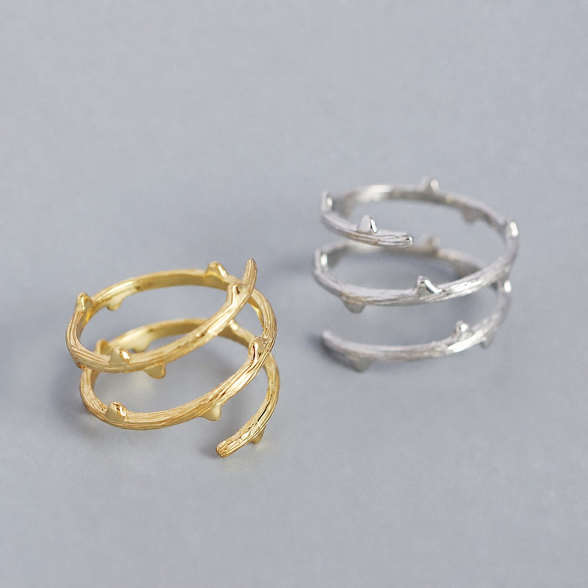 Thorn Branch Textured Wrap S925 Sterling Silver Open Band Adjustable Ring