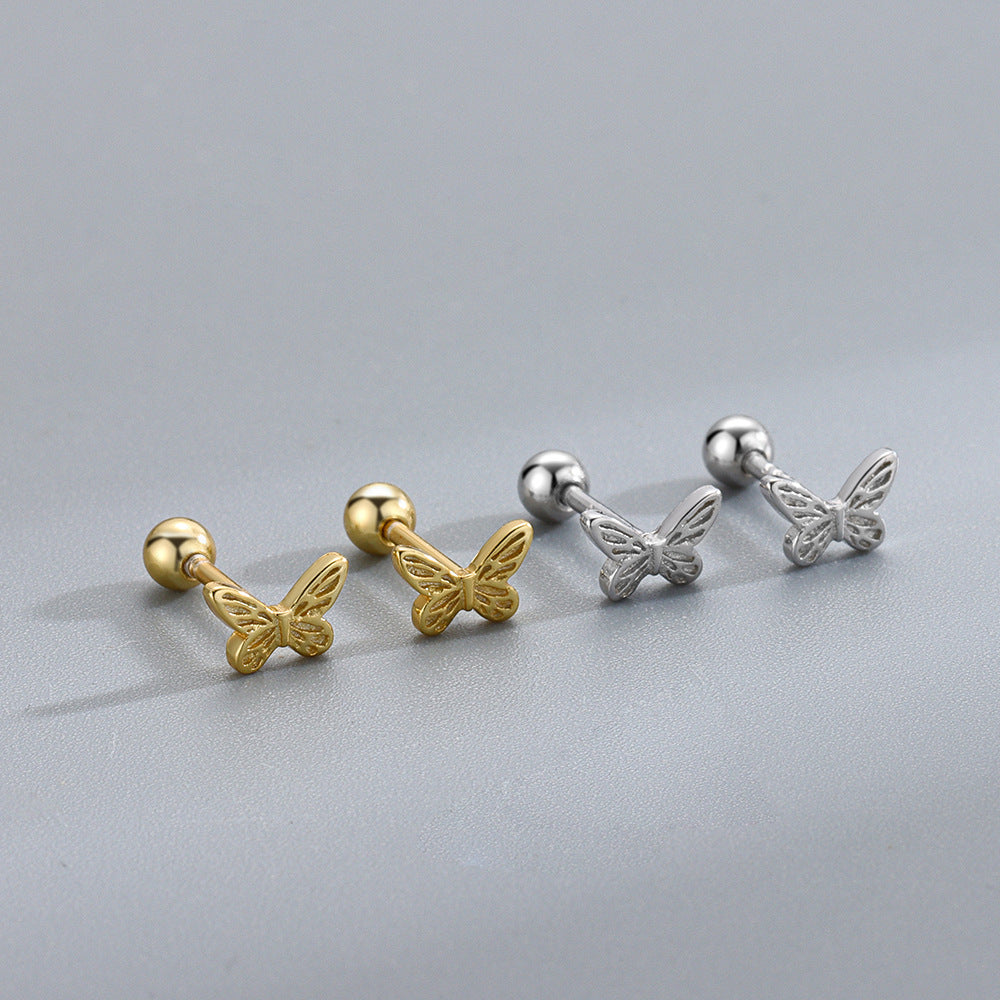 Girl Initial Tiny Butterfly 925 Sterling Silver Screw Stud Earrings