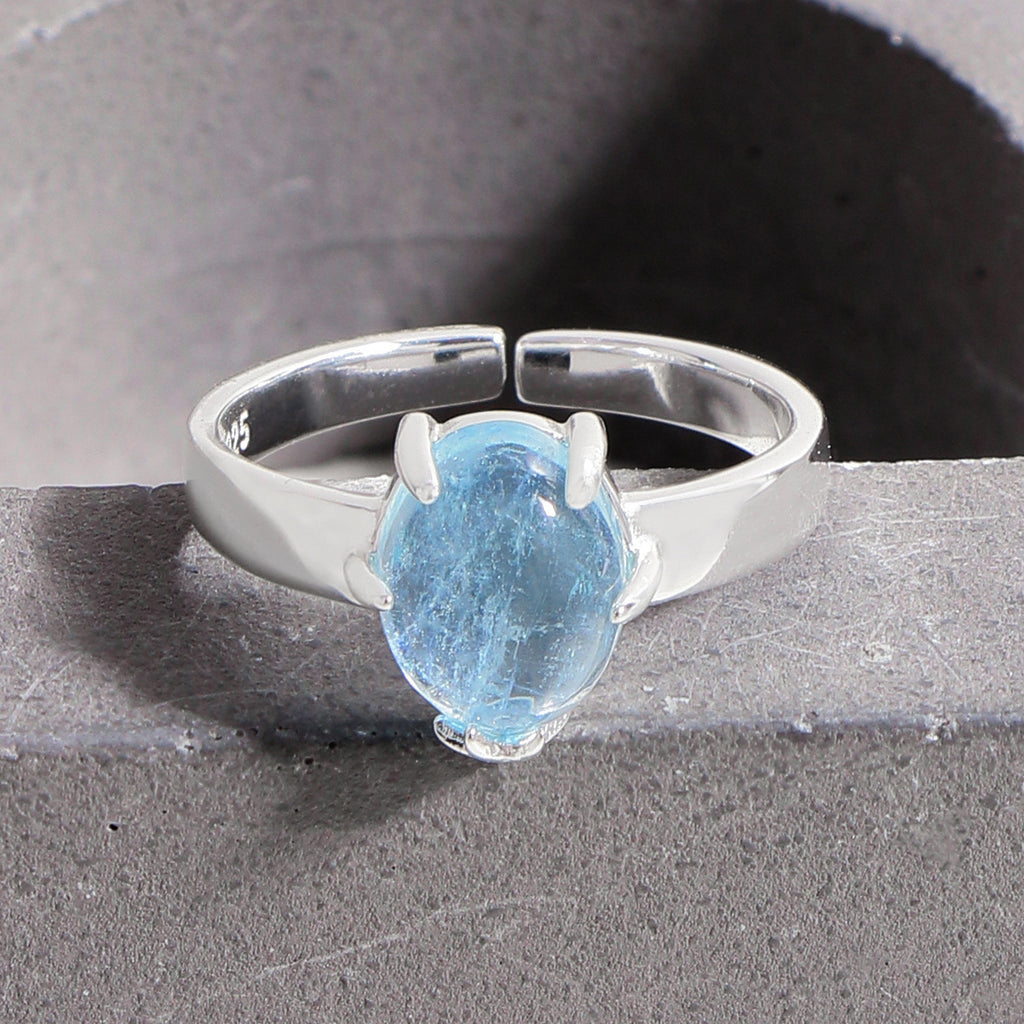 Women Simple Oval Natural Aquamarine 925 Sterling Silver Adjustable Ring