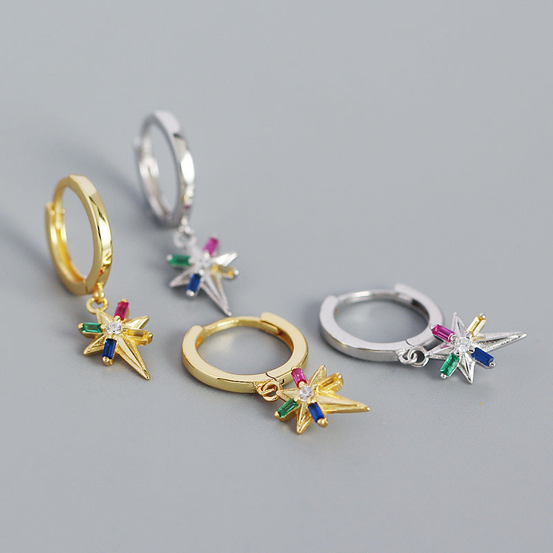 Colorful CZ Octagonal Star Simple 925 Sterling Silver Hoop Earrings