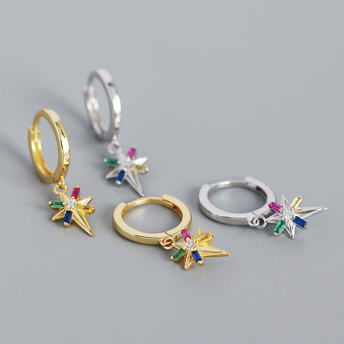 Colorful CZ Octagonal Star Simple 925 Sterling Silver Hoop Earrings