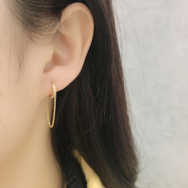 Geometric Circle Zirconia Chain Tassel Pendant 925 Sterling Silver Earrings