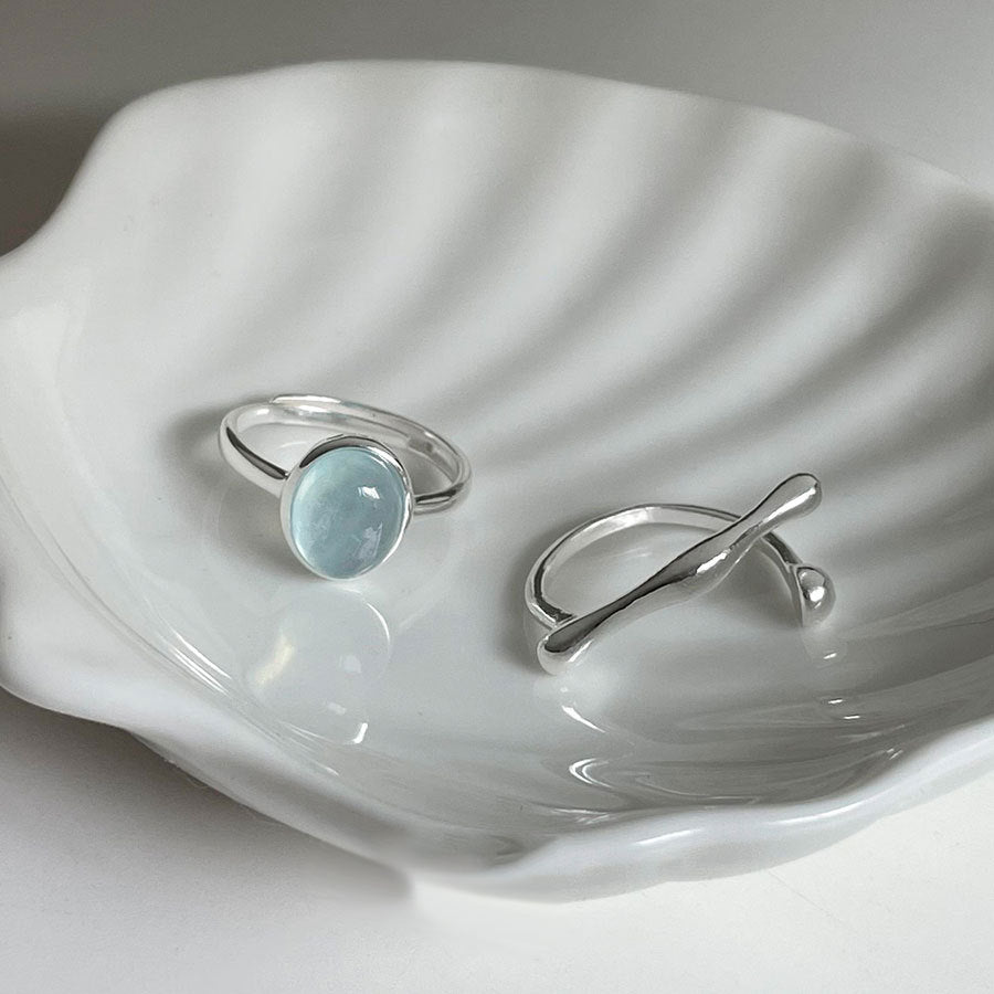Graduation Oval Natural Aquamarine 925 Sterling Silver Adjustable Ring